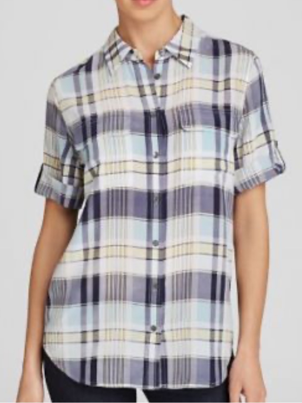 Equipment Femme Plaid Short Sleeve Silk Blouse Size L
